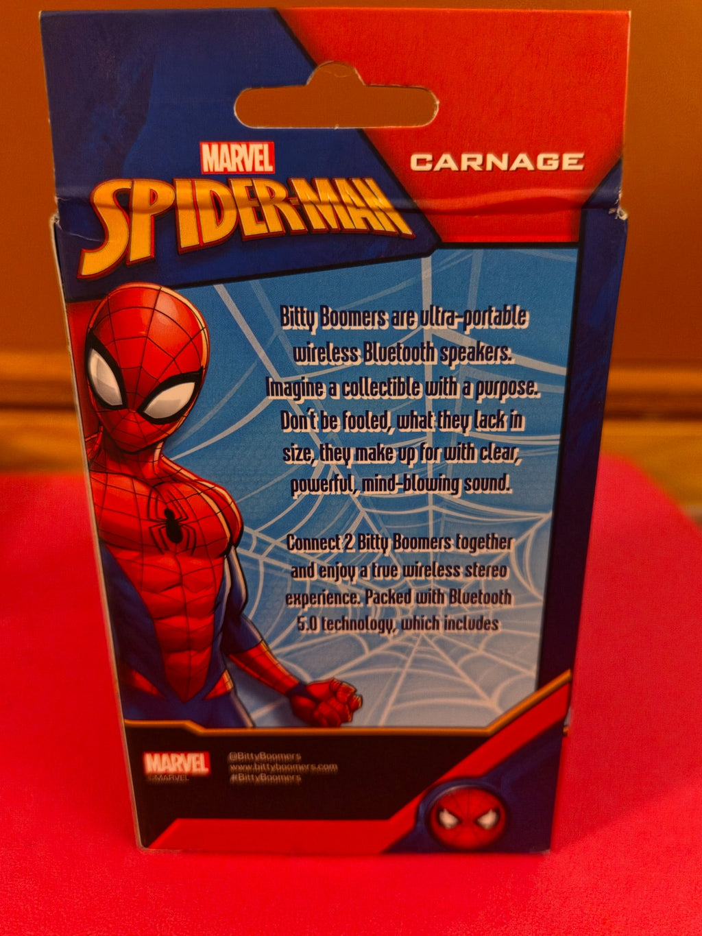 Back of Marvel Spider-Man Carnage Bitty Boomers Bluetooth speaker retail box