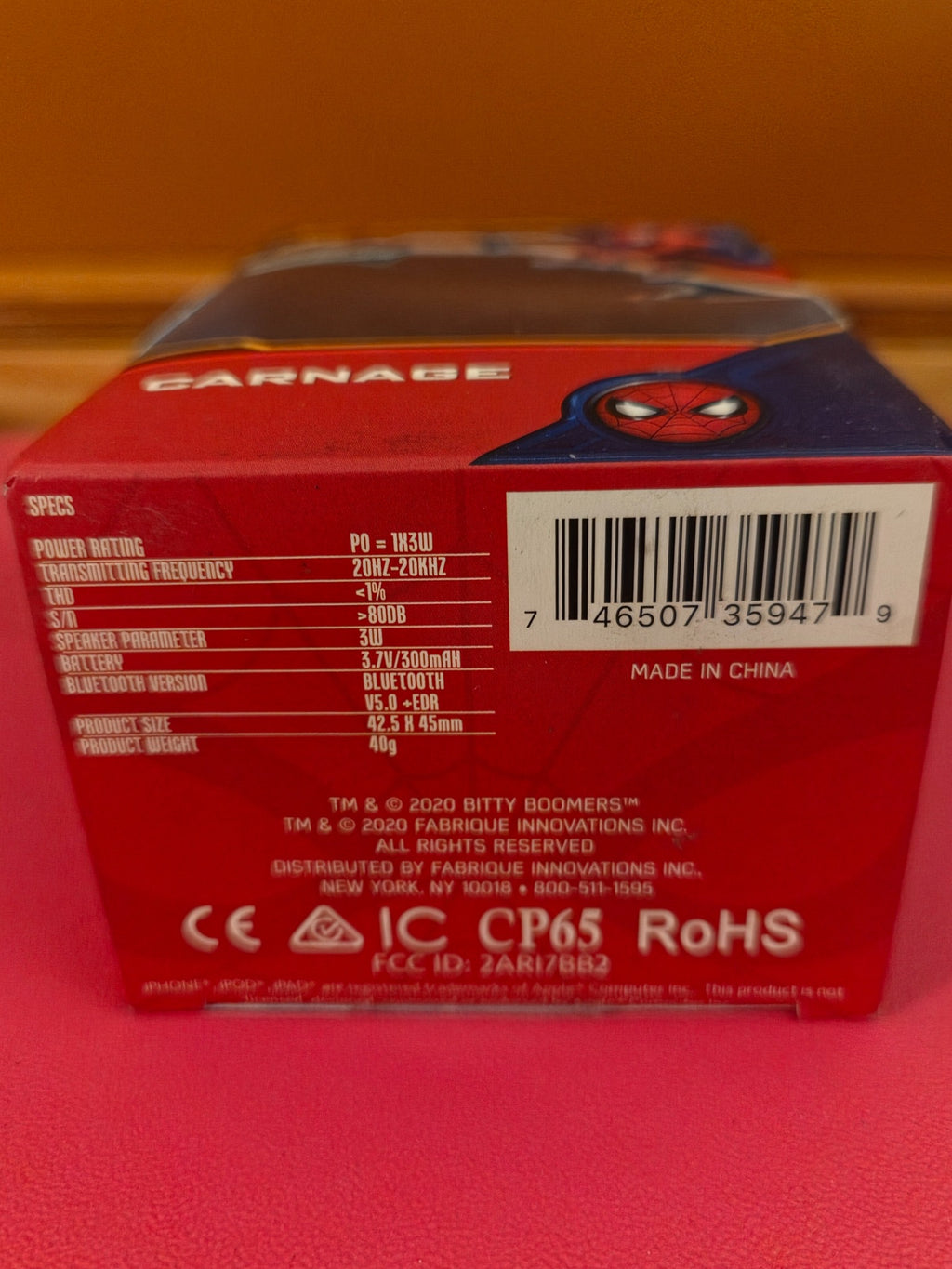 Bottom of Marvel Spider-Man Carnage Bitty Boomers Bluetooth speaker box showing barcode and specifications