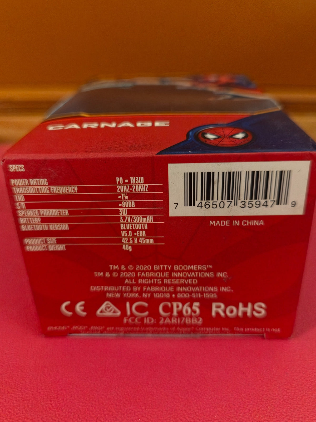 Bottom of Marvel Spider-Man Carnage Bitty Boomers Bluetooth speaker box showing barcode and specifications